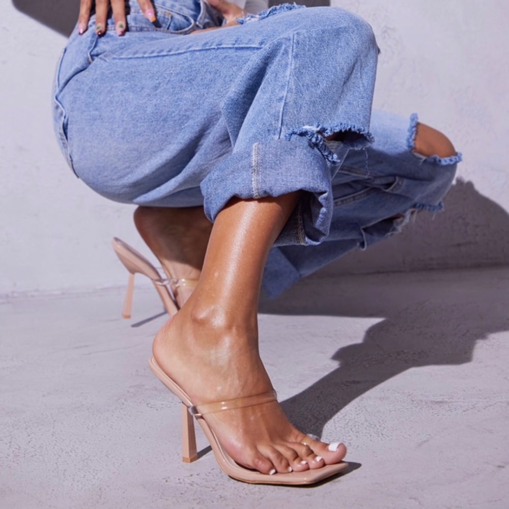 PrettyLittleThing Nude Square Toe Clear Strap Heels Mules Slip On Size 6